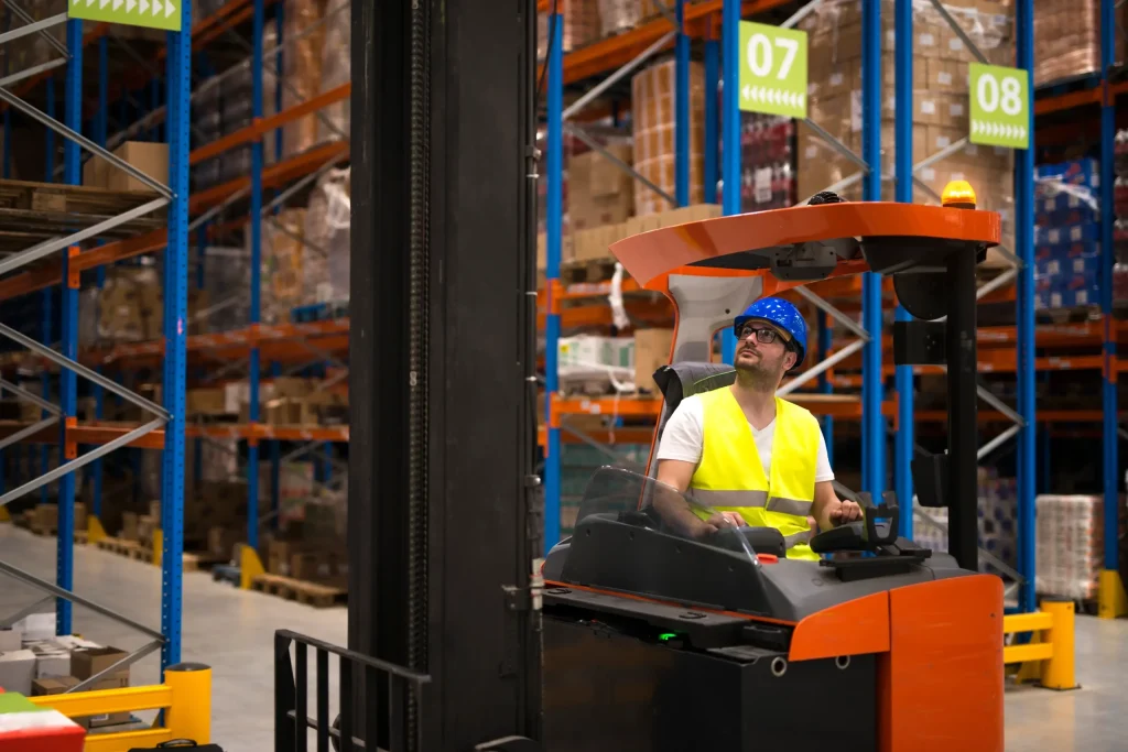 Forklift equipment rental machines ready for use at warehouse and construction site