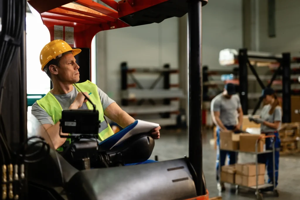 Forklift rental companies offering a variety of forklifts lined up for commercial and warehouse use