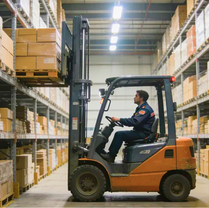 Rental forklift in operation lifting pallets at a warehouse loading dock